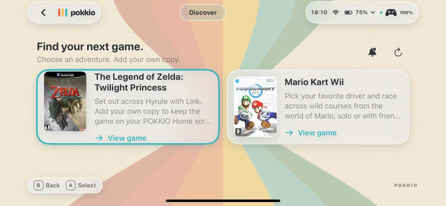 Discover screen in the Pokkio app with cards for The Legend of Zelda: Twilight Princess and Mario Kart Wii
