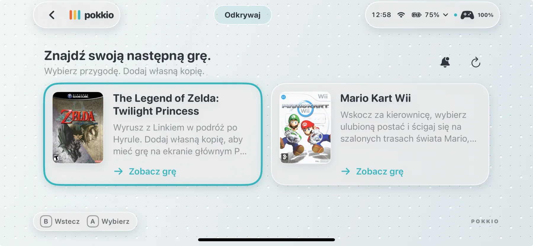 Widok Odkrywaj w aplikacji Pokkio z kartami The Legend of Zelda Twilight Princess i Mario Kart Wii