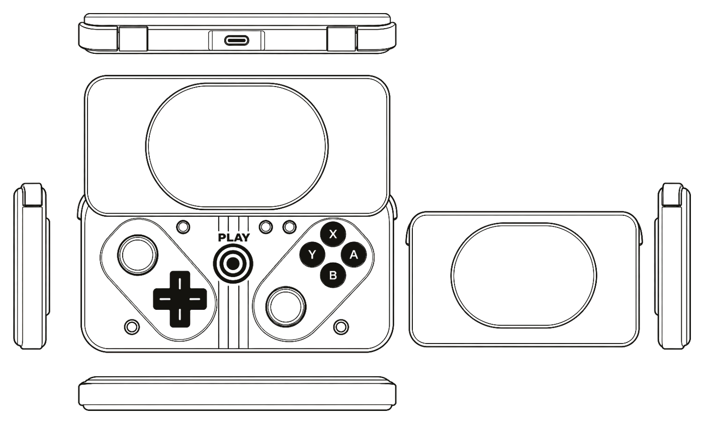 Technical drawing of the Pokkio controller with open and closed front views, plus side, top and bottom views.