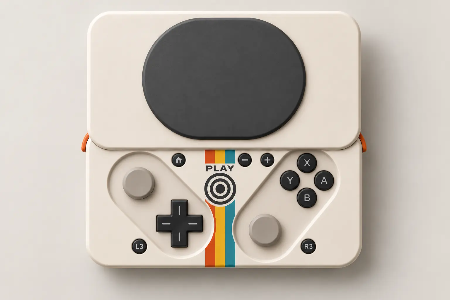 Open Pokkio phone controller from the front, with buttons and three center stripes.