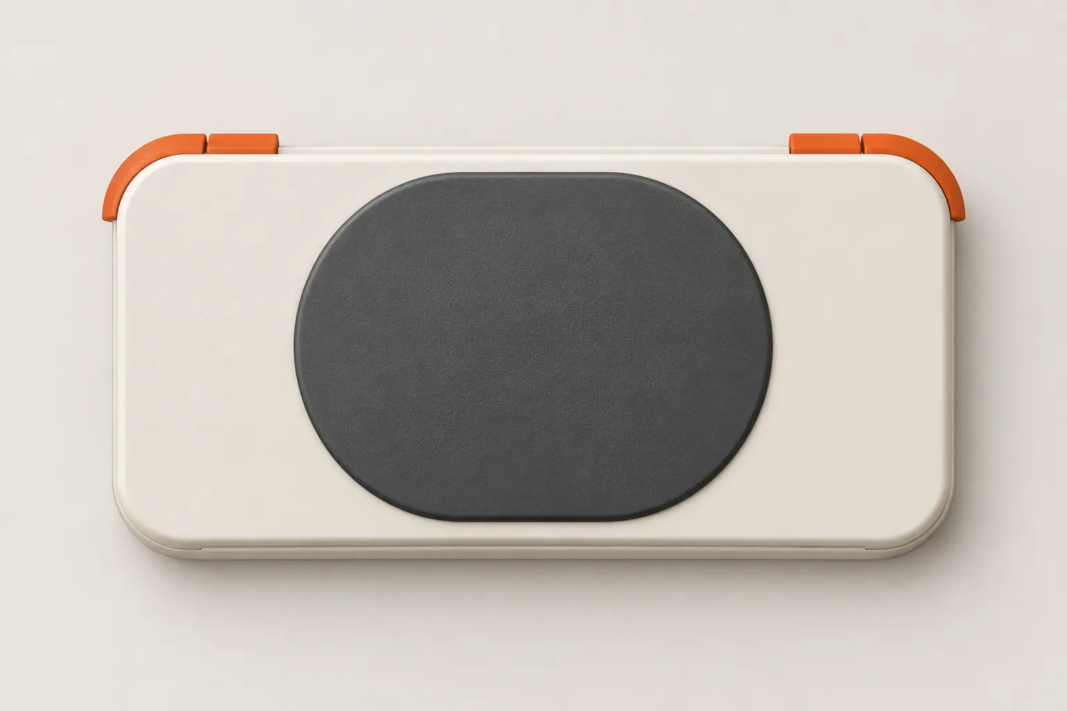 Closed Pokkio controller viewed from above, with a graphite panel on the cream case.