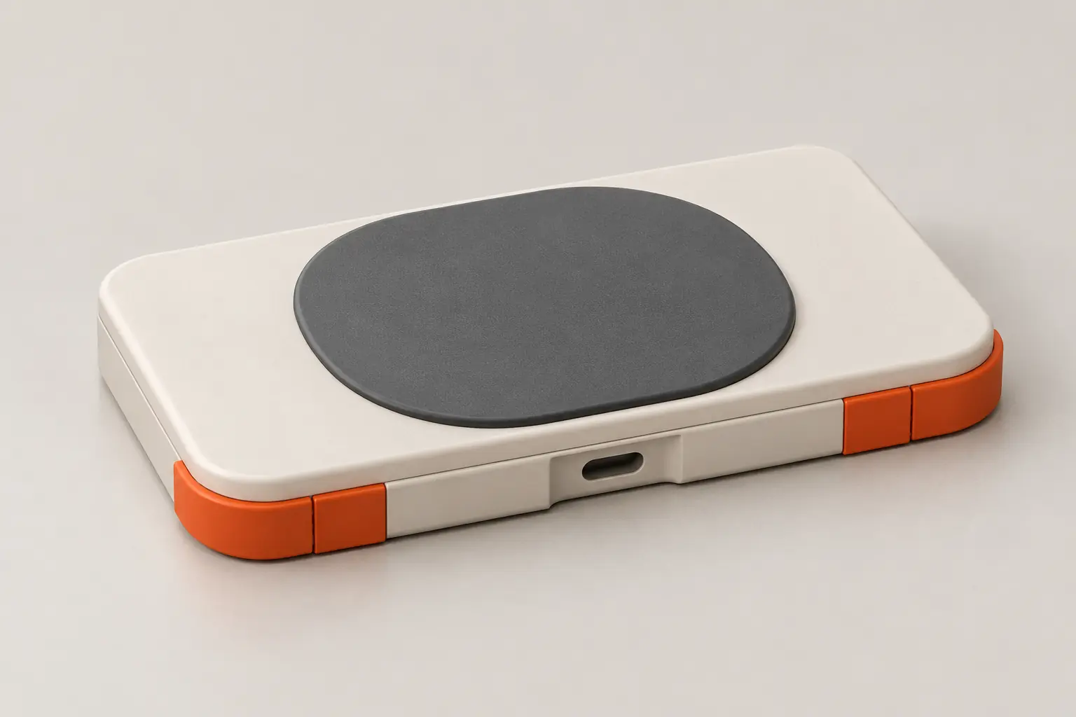 Closed Pokkio controller viewed from the rear left, with orange shoulder buttons.