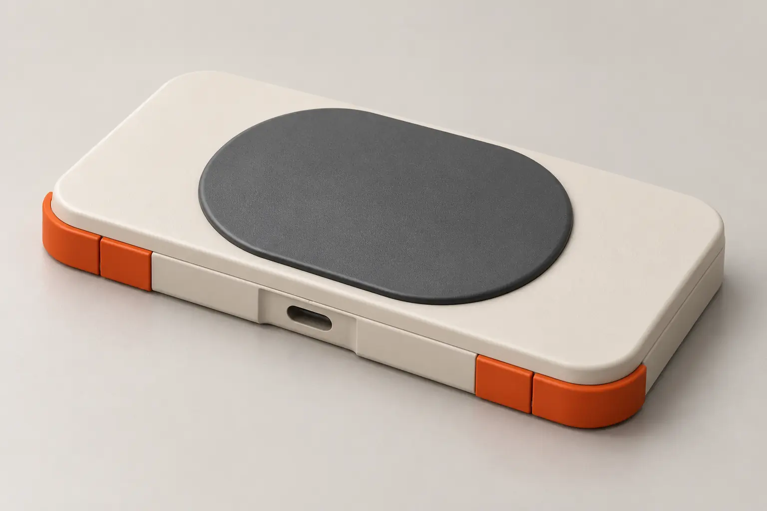 Closed Pokkio controller viewed from the rear right, with orange shoulder buttons.
