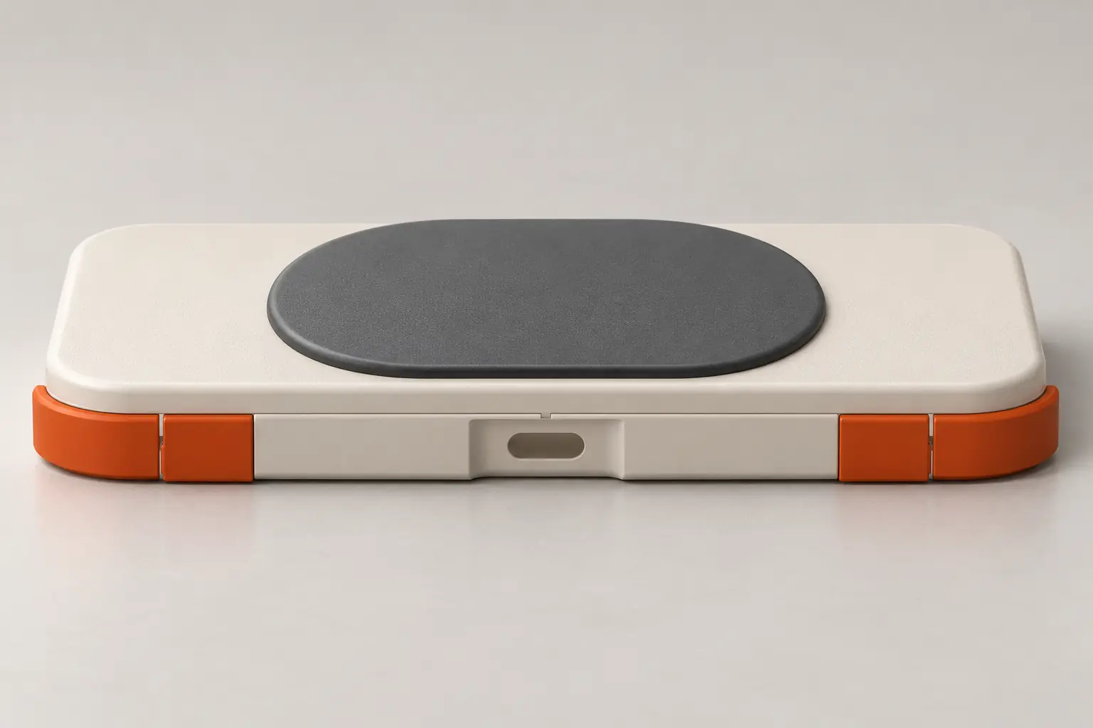 Full closed Pokkio controller from a low rear angle, with four orange shoulder buttons.